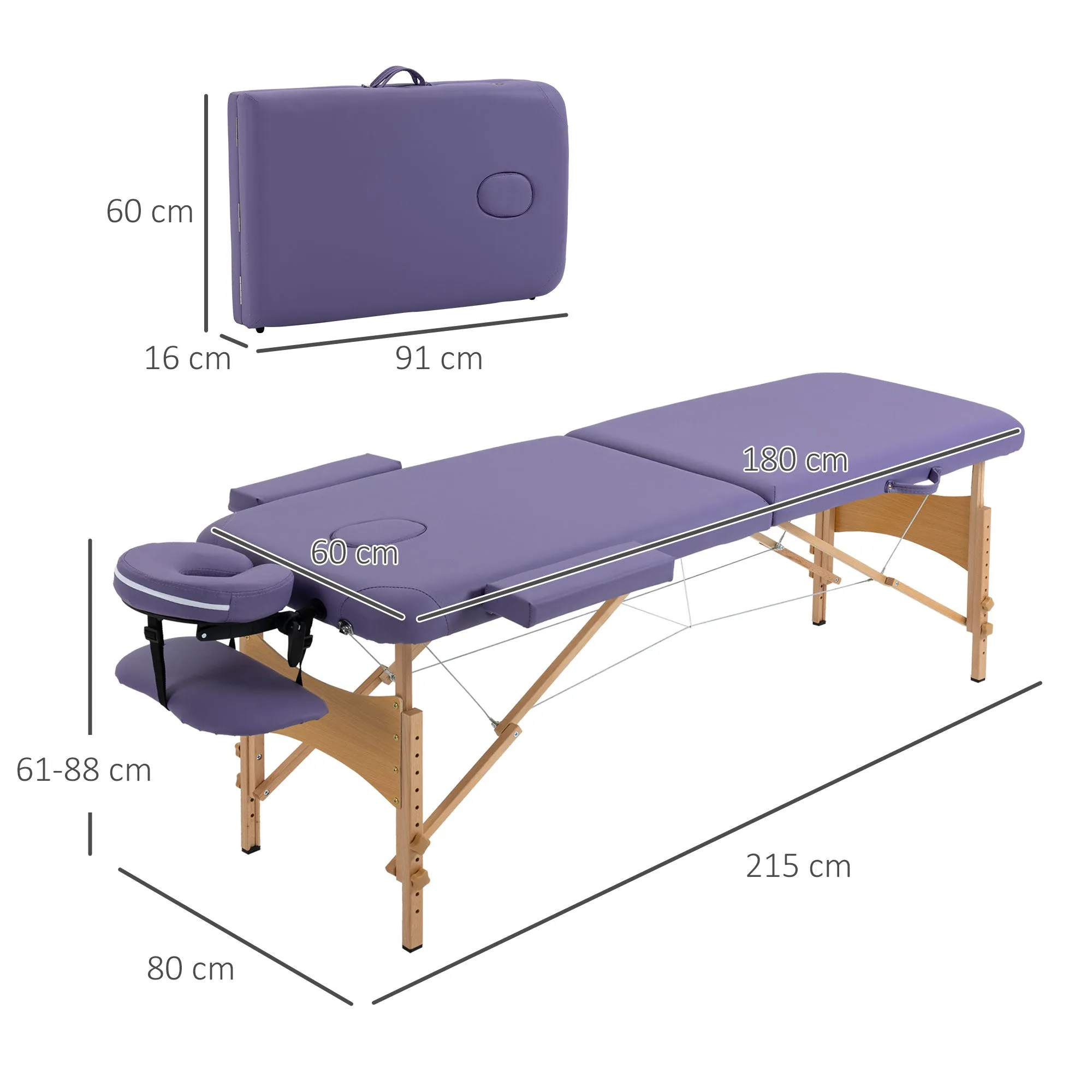 Portable Massage Bed, Folding Spa Beauty Massage Table with 2 Sections, Carry Bag and Wooden Frame, Purple