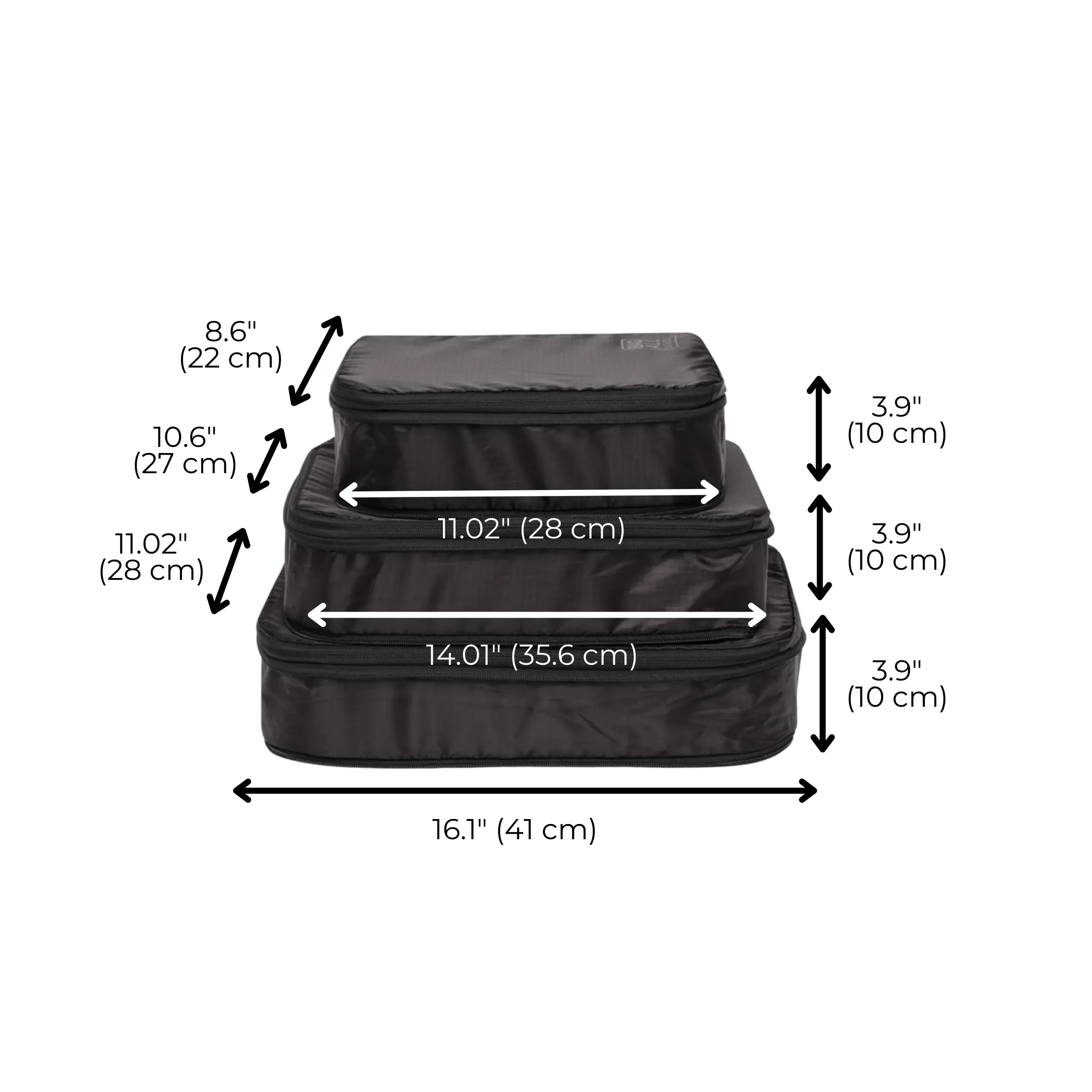 Re-cycled and Reinforced Nylon Compression Packing Cubes, 3-pack Black