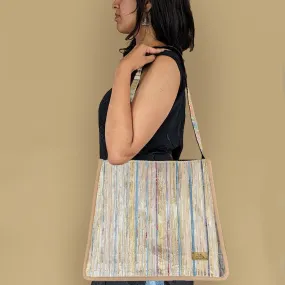 RECRAFTED - Blue Glitter with Multicolor Belt Trapeze Tote (RTT0624-004) PS_W