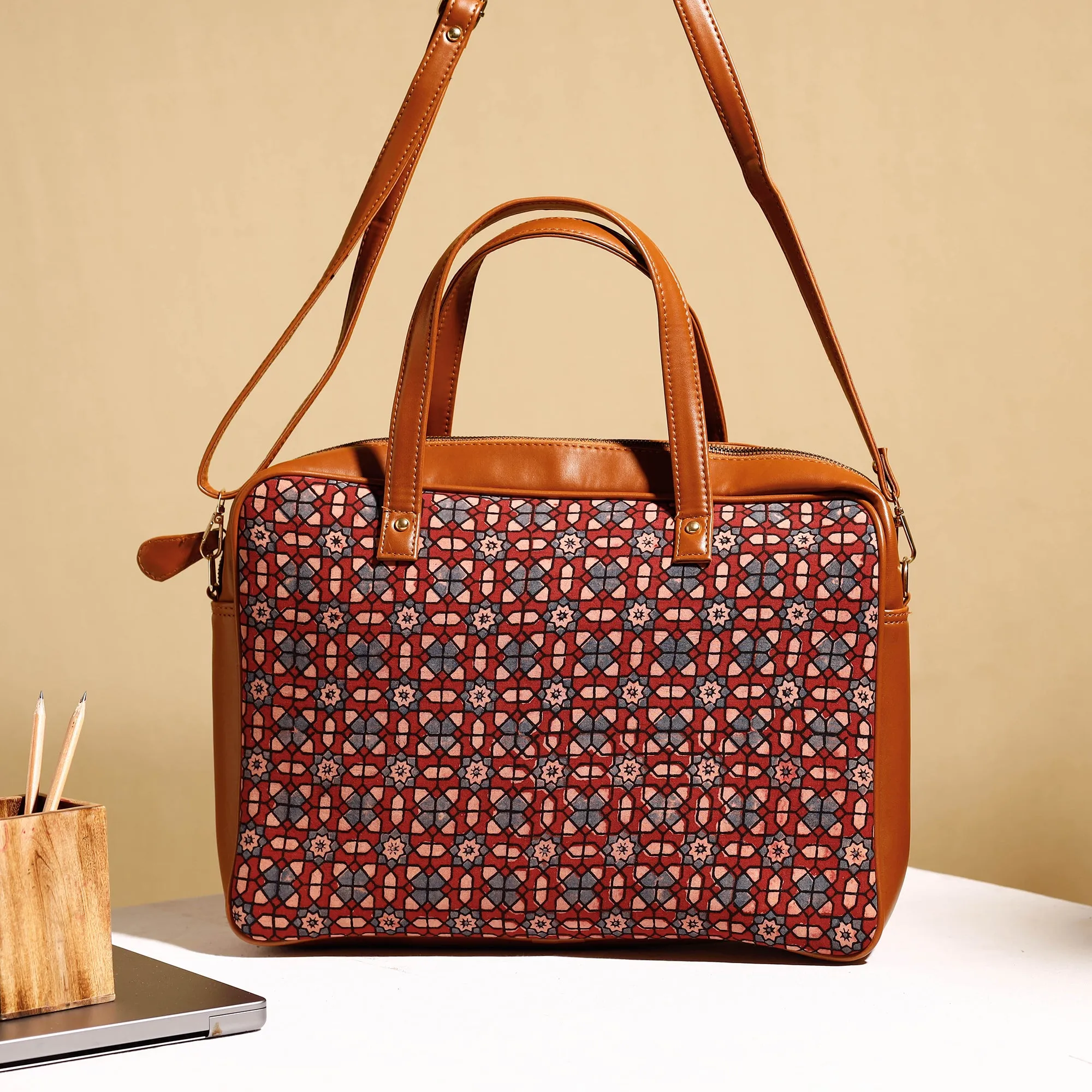 Red - Handcrafted Ajrakh Block Printed Cotton Laptop Bag (15 x 13 in)