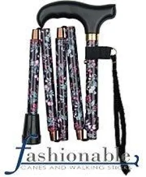 Scratch and Dent Mini-Floral Delight Derby Walking Cane with Floral Pattern Adjustable, Folding Aluminum Shaft V2084