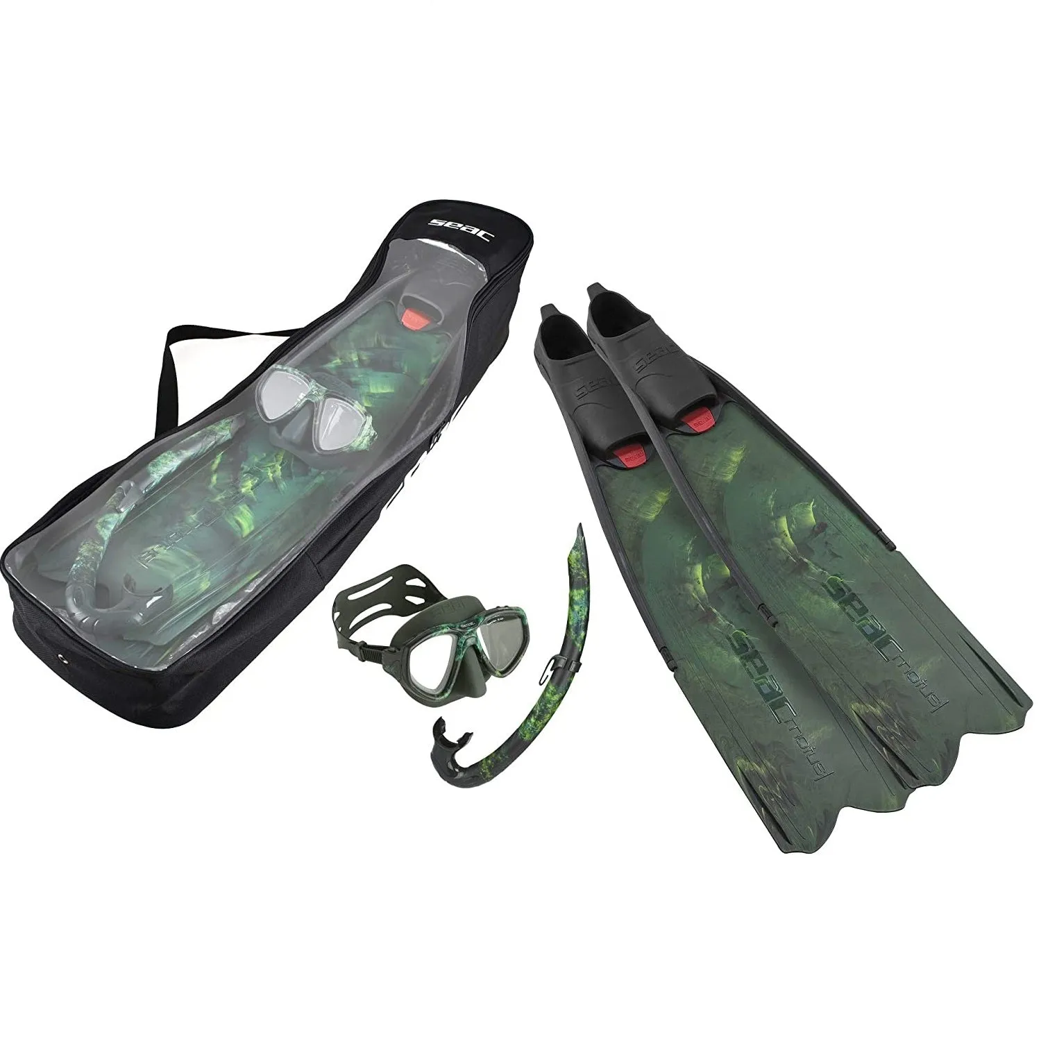 SEAC Motus Tris, Freediving and Spearfishing Set with Motus Long fins, One Diving mask and Jet Snorkel, Shoulder Bag Included