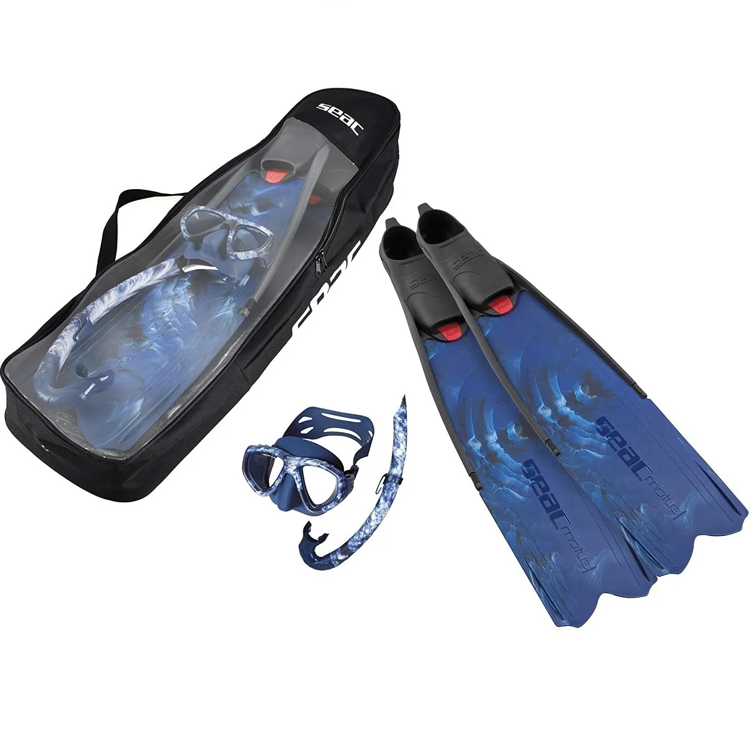 SEAC Motus Tris, Freediving and Spearfishing Set with Motus Long fins, One Diving mask and Jet Snorkel, Shoulder Bag Included