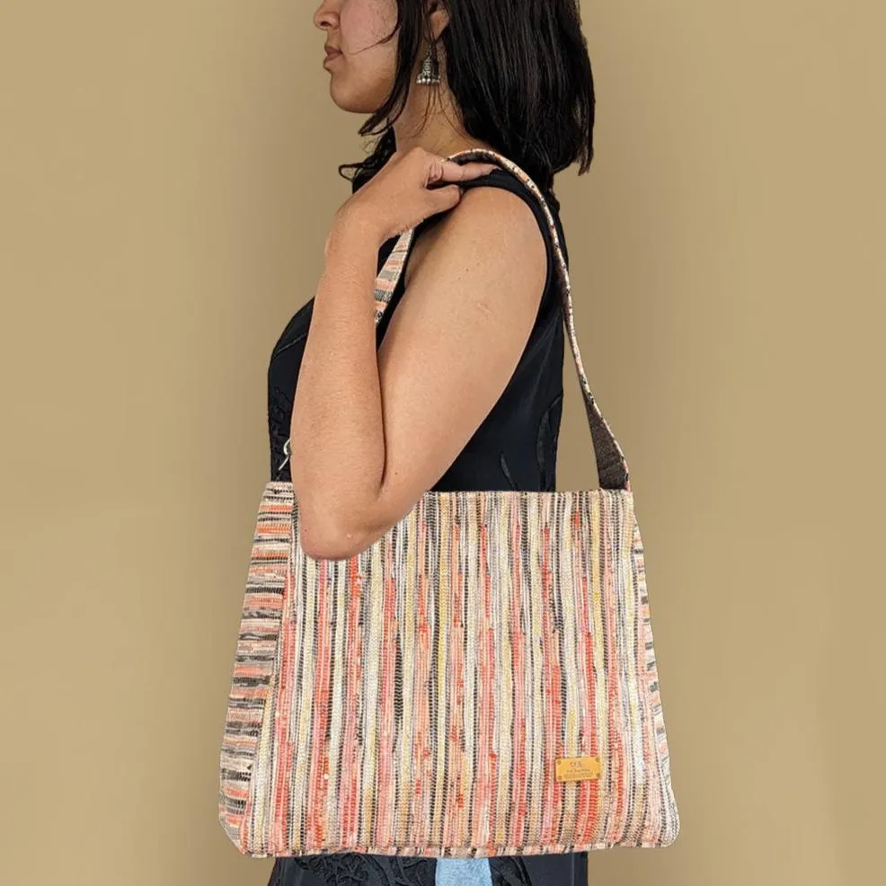 Shimmery Multicolored Striped Upcycled Handwoven Trapeze Tote (TT1124-001) PS_W