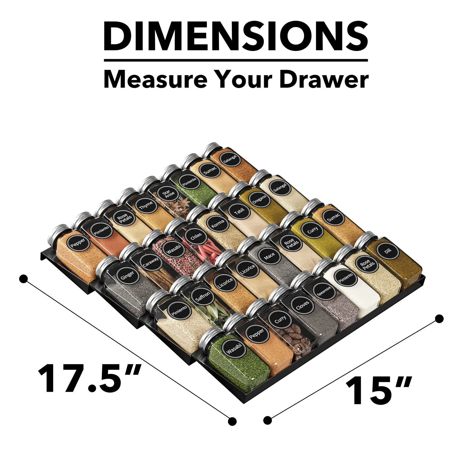 SpaceAid Drawer Organizer for Spices with 32 Spice Jars, 15" Wide x 17.5" Deep