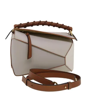 Taupe Leather Shoulder Bag with Puzzle Edge Design