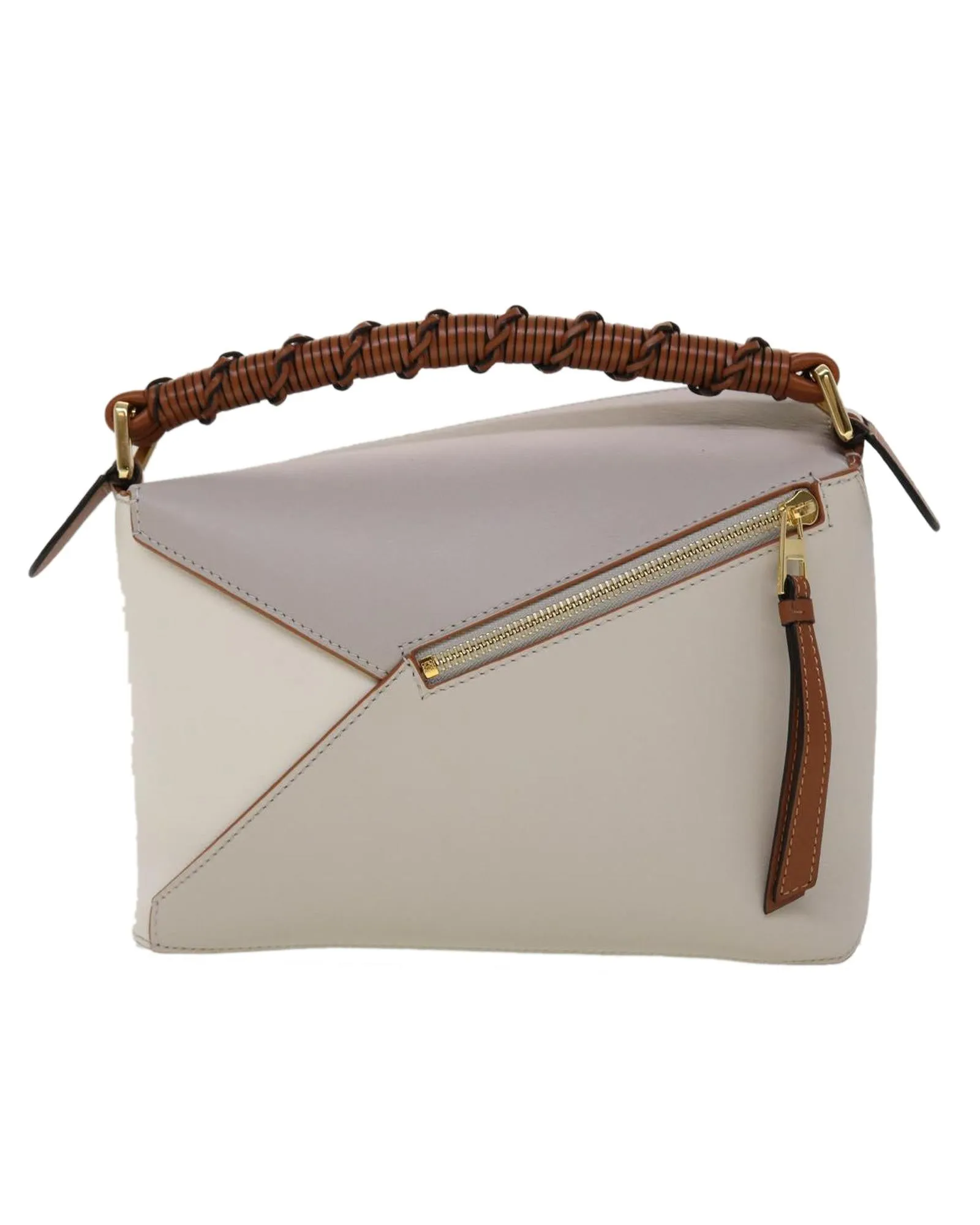 Taupe Leather Shoulder Bag with Puzzle Edge Design