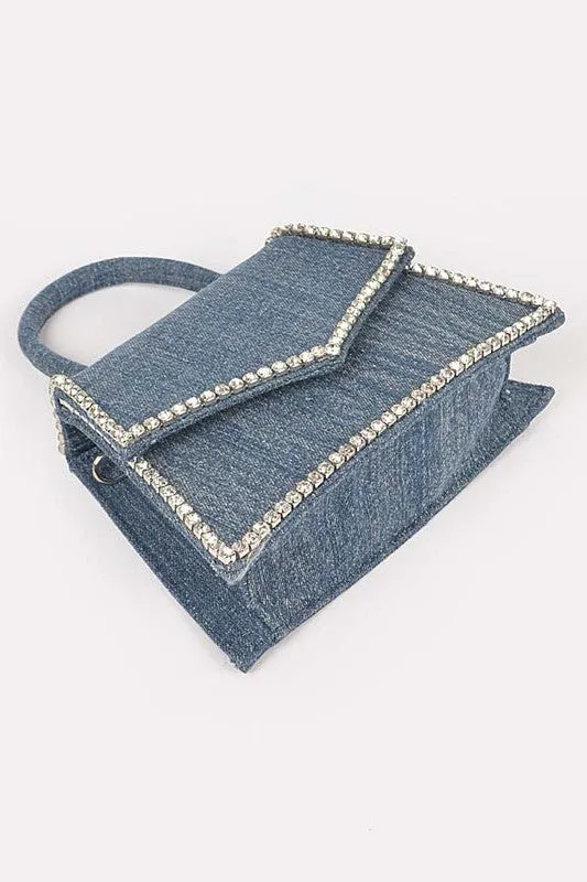 TEEK - Rhinestone Accent Denim Top Handle Clutch Bag