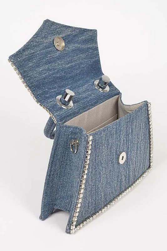 TEEK - Rhinestone Accent Denim Top Handle Clutch Bag