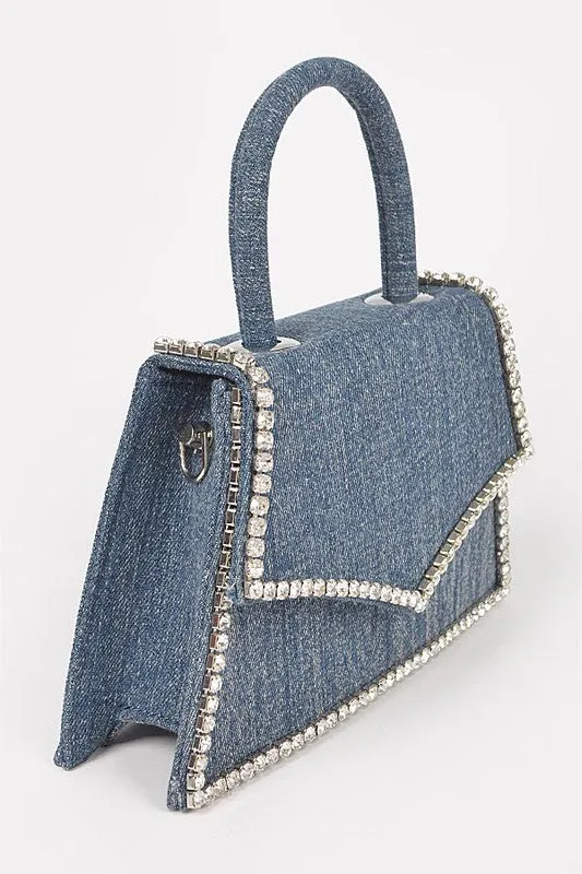 TEEK - Rhinestone Accent Denim Top Handle Clutch Bag