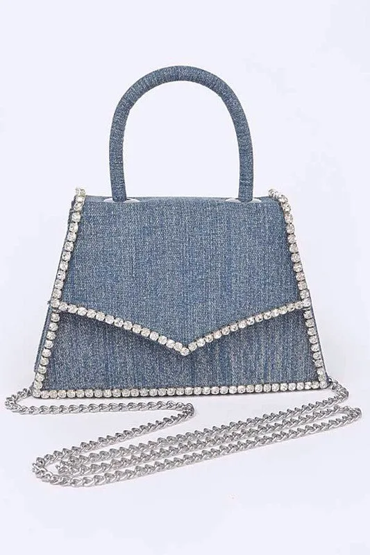 TEEK - Rhinestone Accent Denim Top Handle Clutch Bag