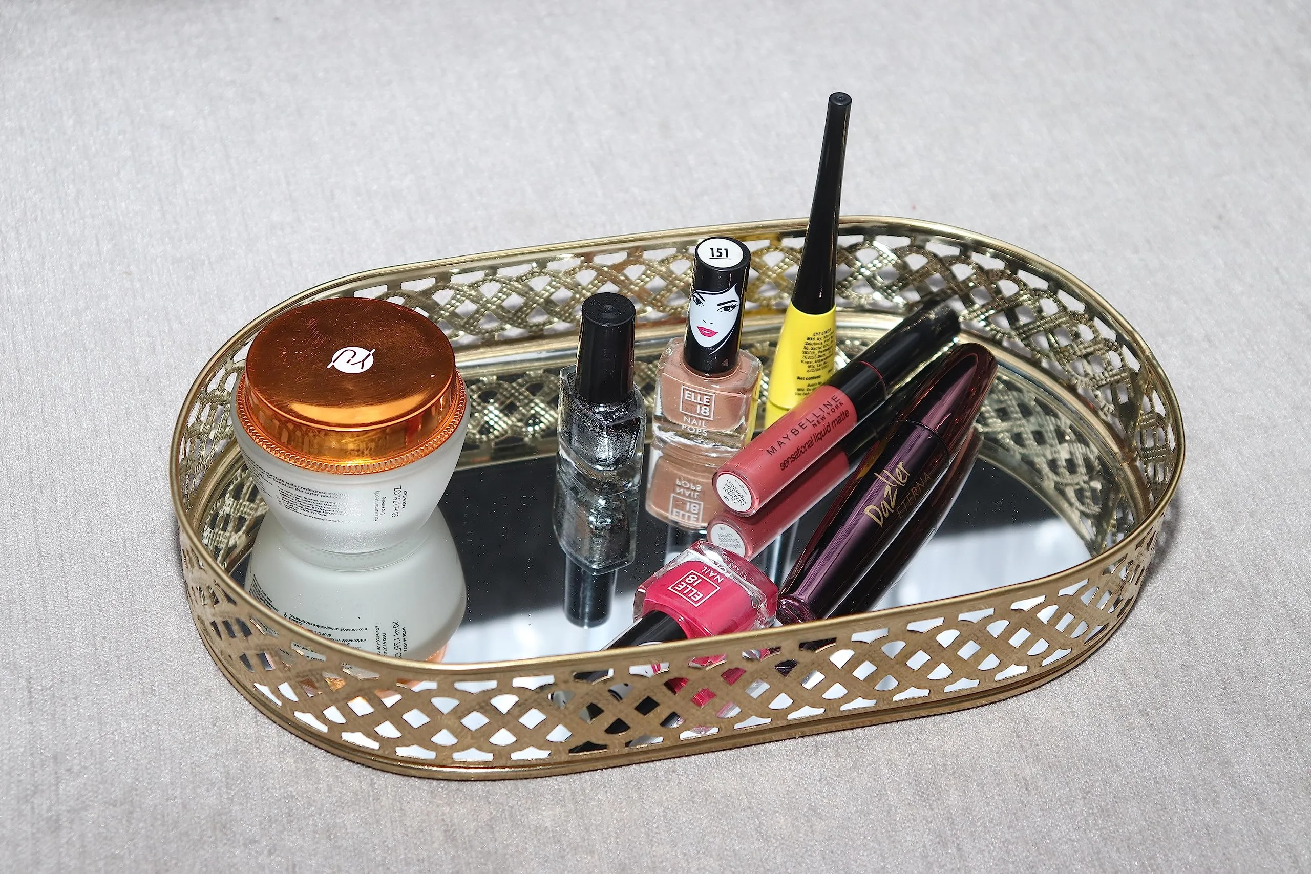 TINITALO Oval Glass with Brass Rim Mirror Base Makeup Tray for Home Decor Jewelry Organiser Golden 17X28X4 CM CM