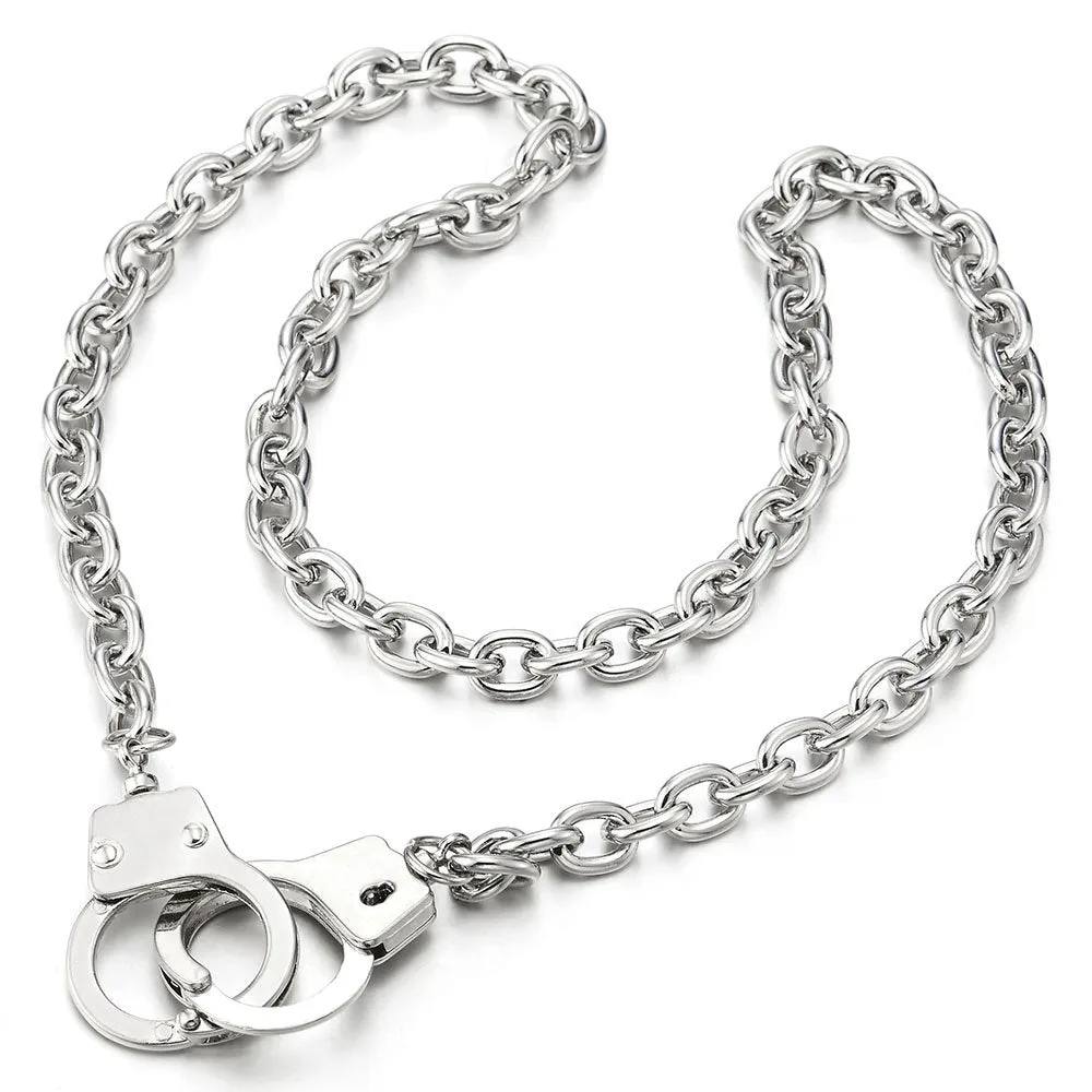 Unisex Silver Color Handcuff Necklace, 26.8 Inches Rope Chain, Punk Rock Style, Perfect for Men and Women Seeking Edgy Accessories