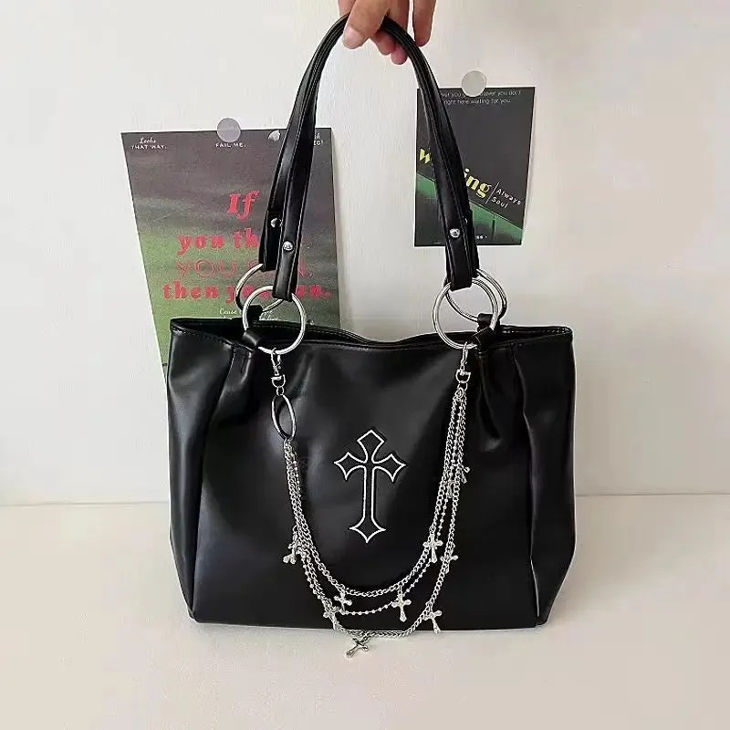 Uniwim   -  Large Capacity Women's Gothic Black Tote Bag Y2k Hot Girls Chain Shoulder Bags Fashion Pu Leather Female Travel Handbags Purse