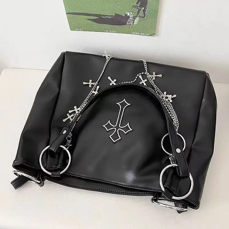 Uniwim   -  Large Capacity Women's Gothic Black Tote Bag Y2k Hot Girls Chain Shoulder Bags Fashion Pu Leather Female Travel Handbags Purse