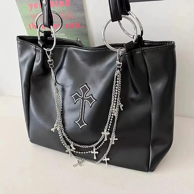 Uniwim   -  Large Capacity Women's Gothic Black Tote Bag Y2k Hot Girls Chain Shoulder Bags Fashion Pu Leather Female Travel Handbags Purse