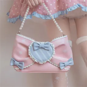 Uniwim Sweet Girls Pink Sugar Wave Point Pearl Chain Bowknot Bags Lolita Bags Black Girls Cute Love Ruffle Portable Cosplay Lolita Bags