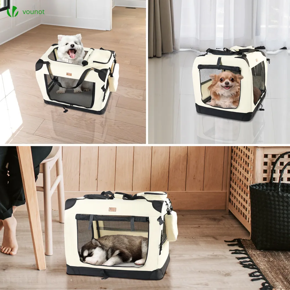 VOUNOT Pet Carrier Bag Portable Foldable Dog Cat Travel Carrier Bag, 3 Entry Doors, Breathable Mesh and Padded Handles, S Beige