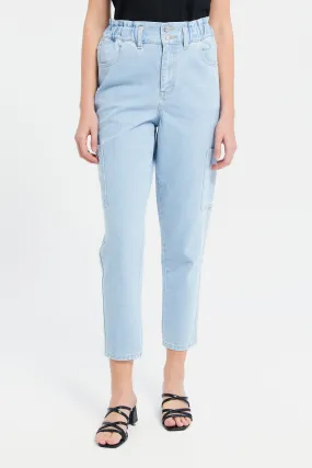 Women Blue Paper Bag Waist Jeans