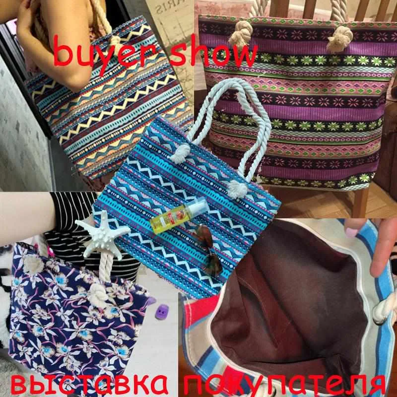 Women Canvas bohemian style striped Shoulder Beach Bag - Female Casual Tote Shopping Big Bag