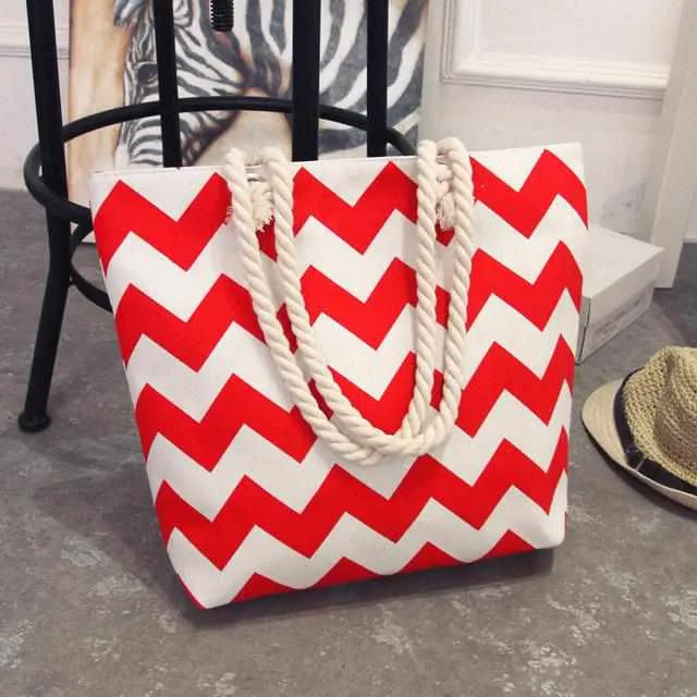 Women Canvas bohemian style striped Shoulder Beach Bag - Female Casual Tote Shopping Big Bag