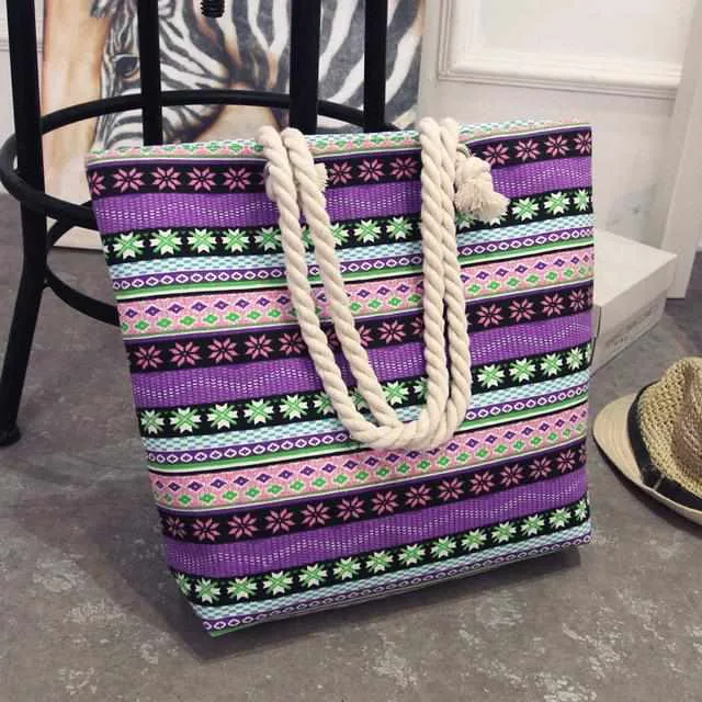 Women Canvas bohemian style striped Shoulder Beach Bag - Female Casual Tote Shopping Big Bag