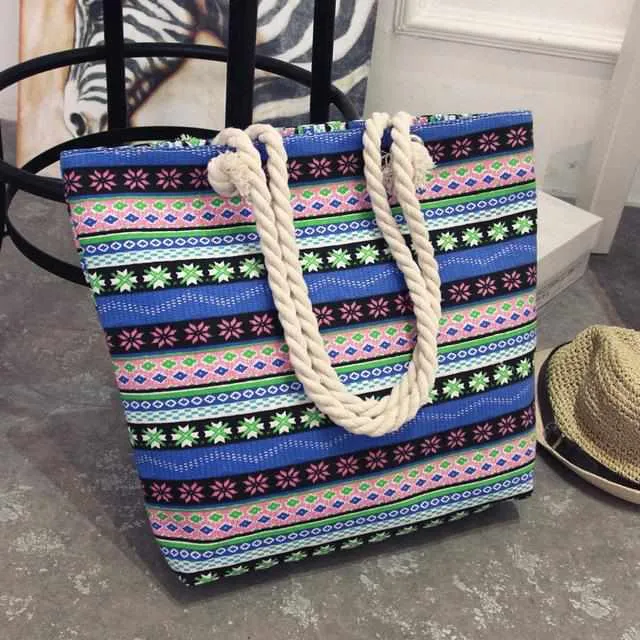 Women Canvas bohemian style striped Shoulder Beach Bag - Female Casual Tote Shopping Big Bag