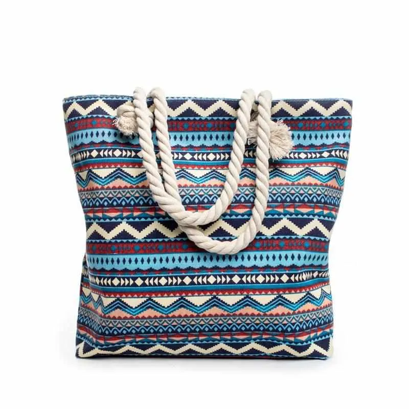 Women Canvas bohemian style striped Shoulder Beach Bag - Female Casual Tote Shopping Big Bag