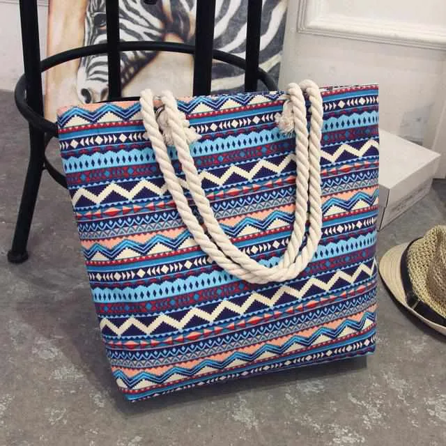 Women Canvas bohemian style striped Shoulder Beach Bag - Female Casual Tote Shopping Big Bag