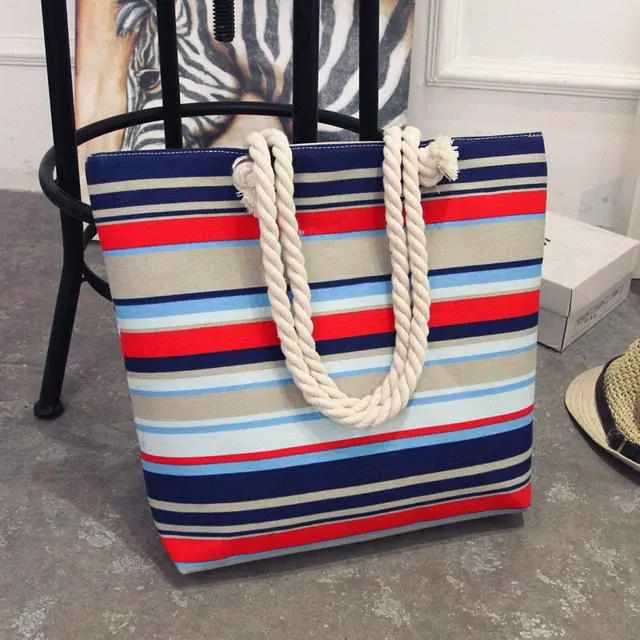 Women Canvas bohemian style striped Shoulder Beach Bag - Female Casual Tote Shopping Big Bag