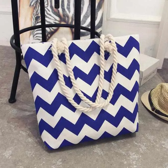 Women Canvas bohemian style striped Shoulder Beach Bag - Female Casual Tote Shopping Big Bag