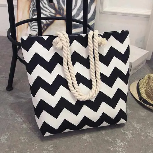 Women Canvas bohemian style striped Shoulder Beach Bag - Female Casual Tote Shopping Big Bag